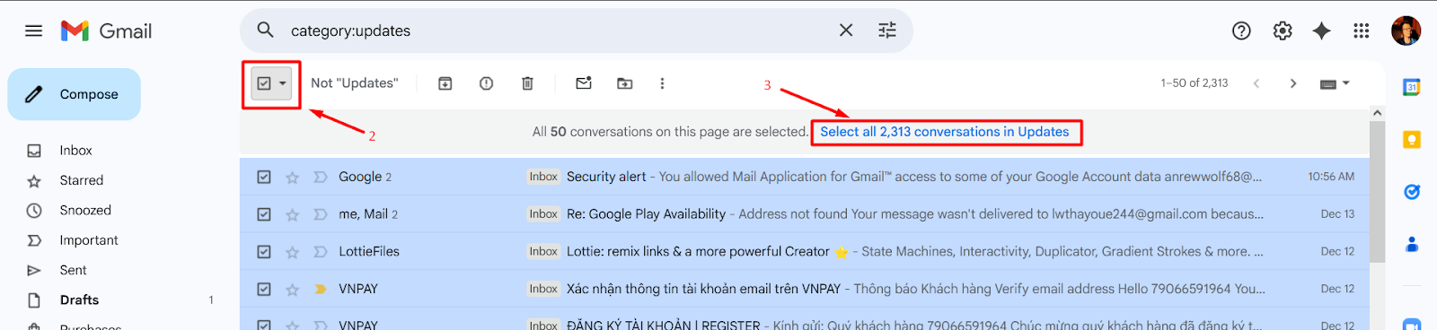 Удаление писем Gmail