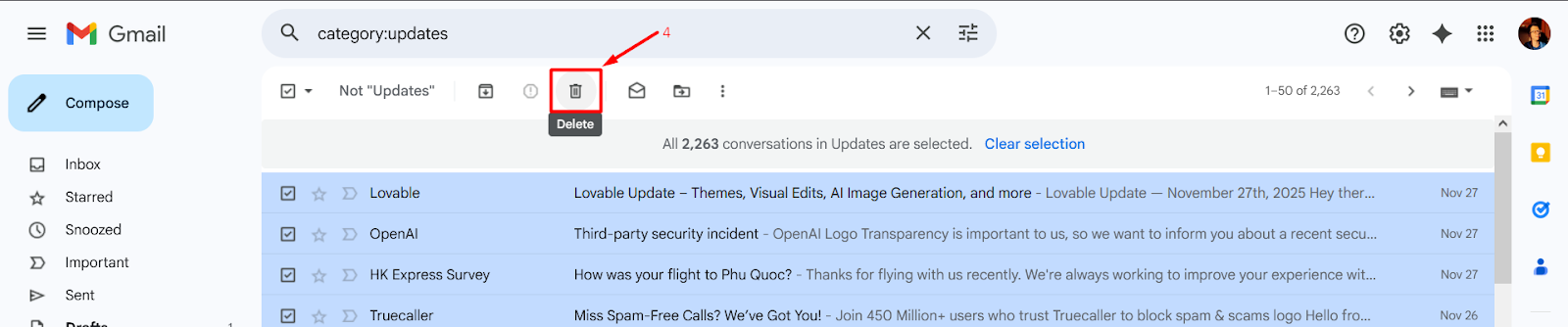 Удаление писем Gmail