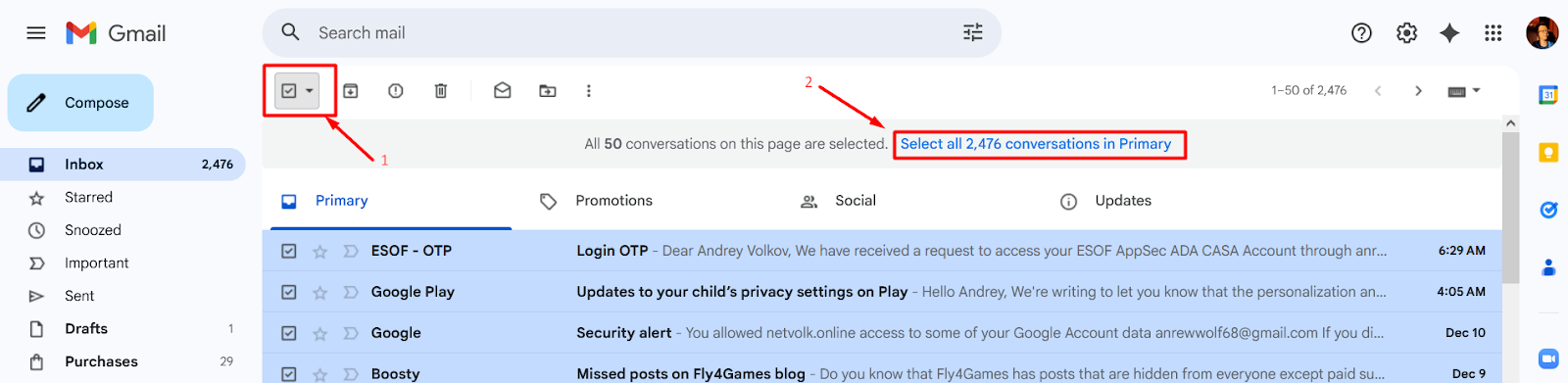 Чтение всех писем Gmail от одного отправителя