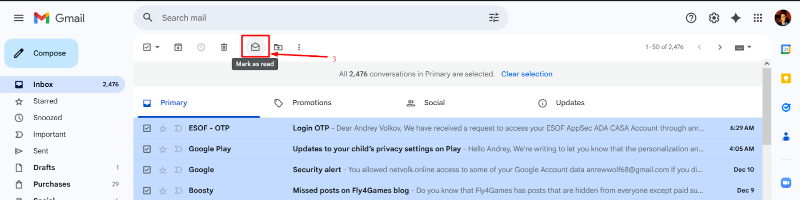 Чтение всех писем Gmail